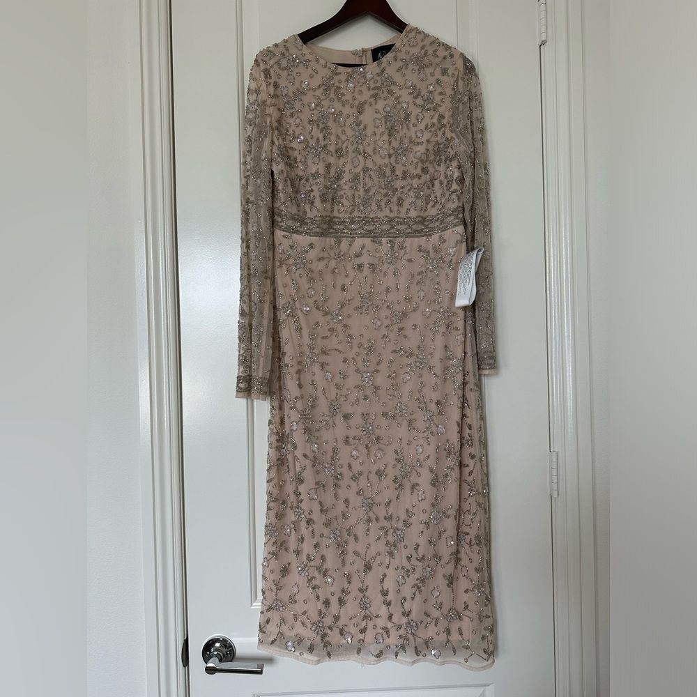 Mac Duggal | 10812 Beaded Tea Length Dress with Sheer Sleeves Size 12 NEW - Picture 8 of 12